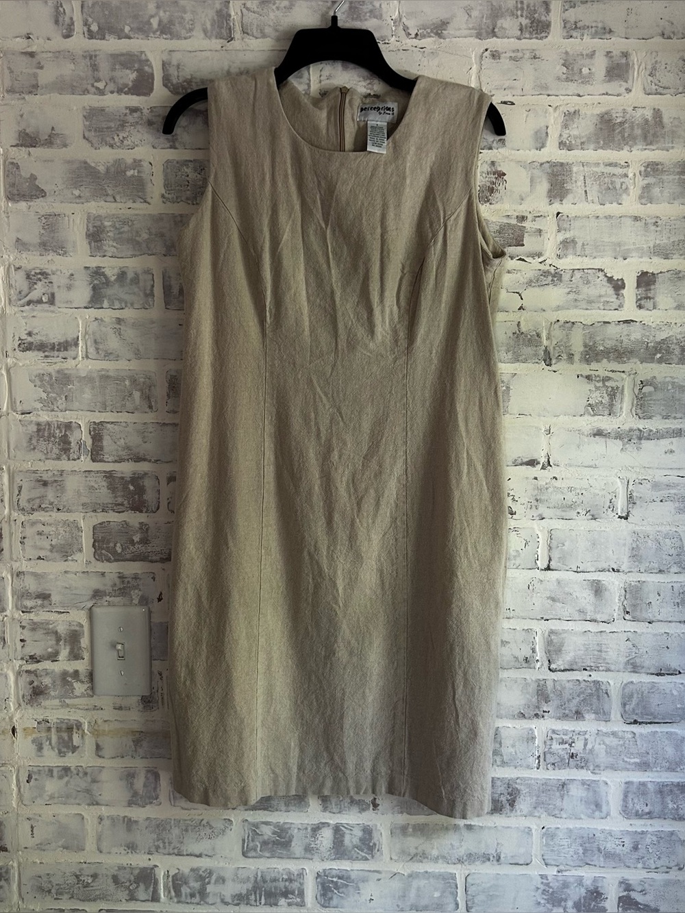 Vintage Perceptions Womens Size 8 Beige Sleeveless Linen-blend Midi Sheath Dress